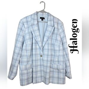 Halogen Womens Blazer Sz 22W Ligh Blue & Gray Window Pane One Button Lined